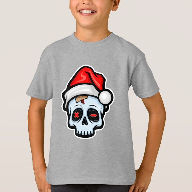 Funny Christmas Skull, Cartoon Style T-Shirt (Front)