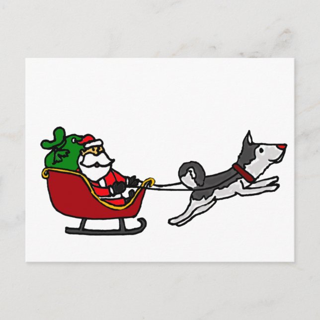 Funny Christmas Sleigh with Husky Dog Pulling Holiday Postcard (Front)
