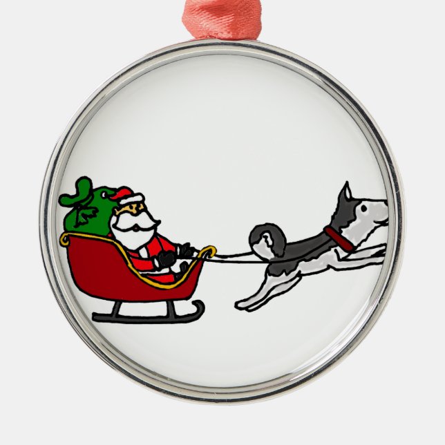 Funny Christmas Sleigh with Husky Dog Pulling Metal Ornament (Front)