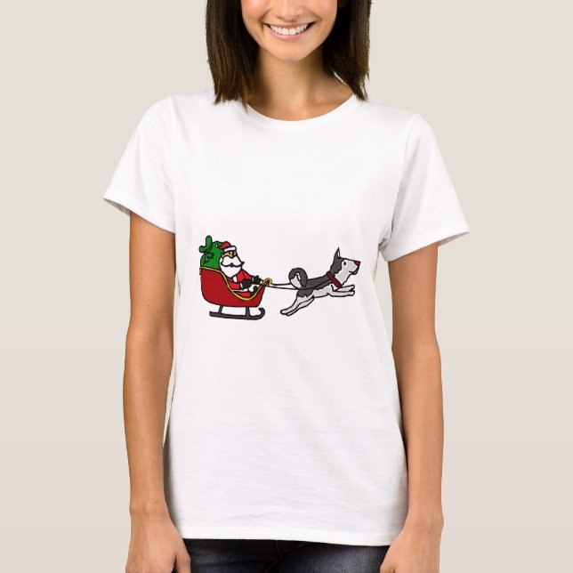 Funny Christmas Sleigh with Husky Dog Pulling T-Shirt (Front)