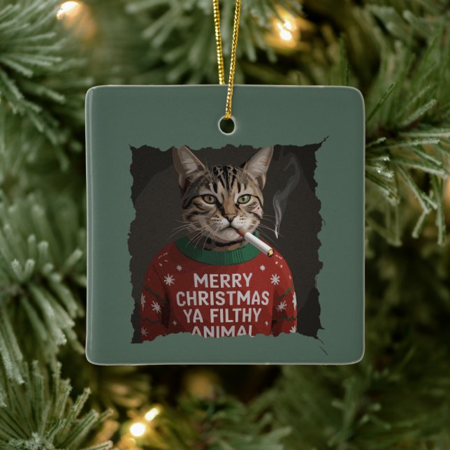 Funny Christmas Smoking Cat Sarcastic Holiday Meme Ceramic Ornament (Tree)