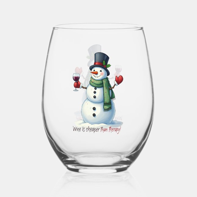 Funny Christmas snowman Holiday  Stemless Wine Glass (Front)