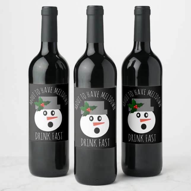 Funny Christmas Snowman Meltdown Drink Fast Wine Label (Bottles)