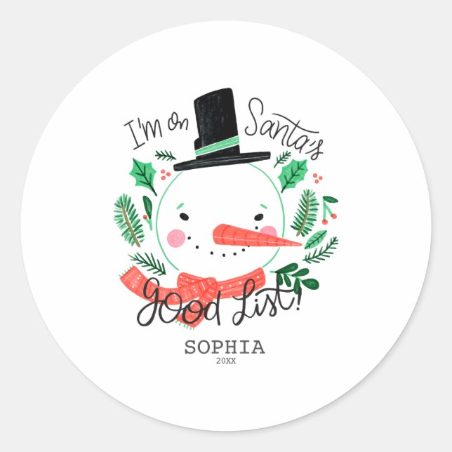 Funny Christmas Snowman Santas Good List  Classic Round Sticker (Front)