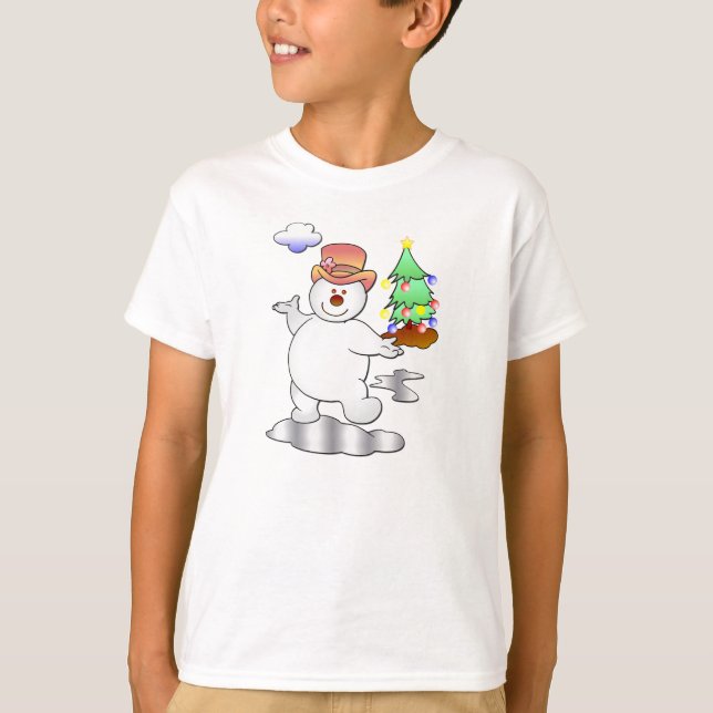 Funny Christmas Snowman Standing in an Icy Puddle T-Shirt (Front)