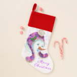 Funny Christmas Stocking Snowman In Purple Hat<br><div class="desc">Christmas Stockings with Happy Snowman In Purple Pink Beanie Winter Hat Fun Christmas Painting Collection - Choose / Add Your Unique Text / Name / Colour - Make Your Special Gift - Resize and move or remove / add elements - image / text with customization tool. Painting and Design by...</div>