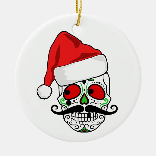 Funny Christmas Sugar Skull Ceramic Ornament (Front)