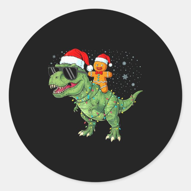 Funny Christmas T Rex Dinosaur Gingerbread Lights  Classic Round Sticker (Front)