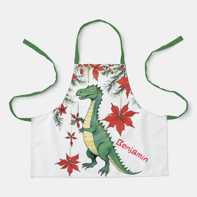 Funny Christmas T-Rex Dinosaur & Poinsettias Apron (Front)