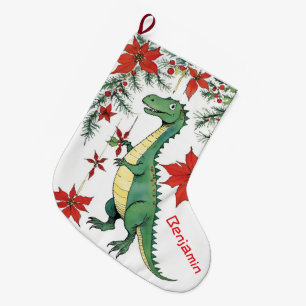 Funny Christmas T-Rex Dinosaur & Poinsettias Large Christmas Stocking