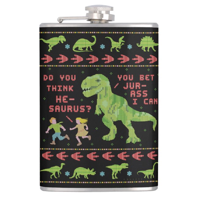 Funny Christmas T Rex Dinosaur Pun Humour Faux Hip Flask (Front)
