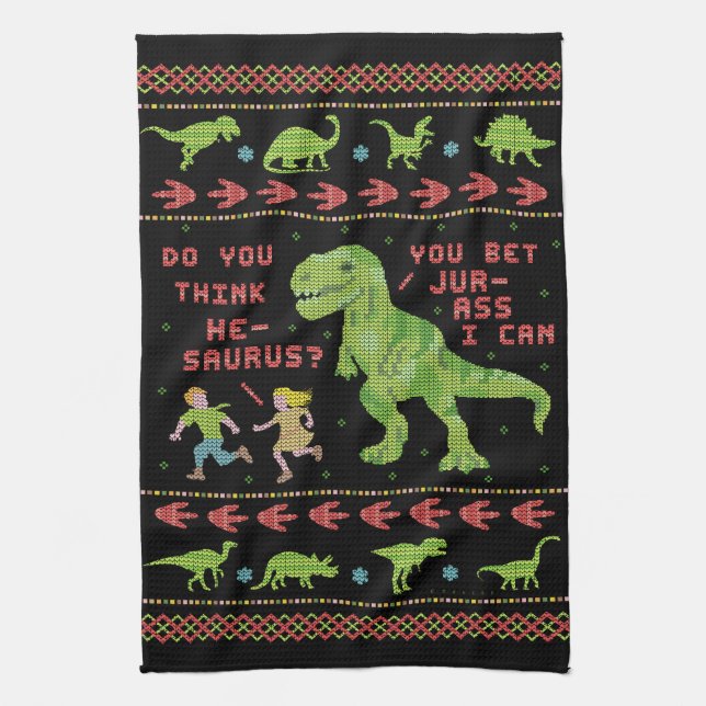 Funny Christmas T Rex Dinosaur Pun Humour Faux Kitchen Towel (Vertical)