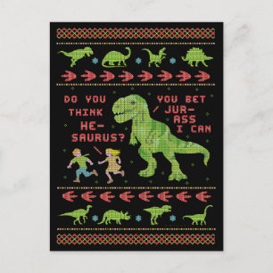Funny Christmas T Rex Dinosaur Pun Humour Faux Kni Postcard