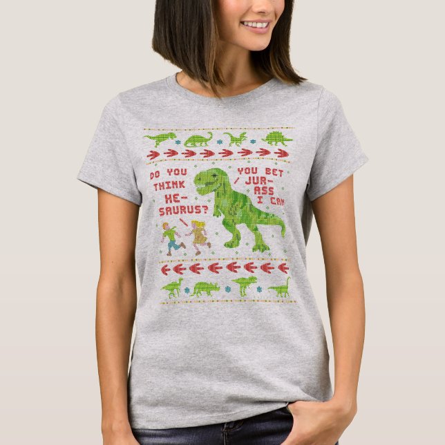 Funny Christmas T Rex Dinosaur Pun Humour Faux Kni T-Shirt (Front)