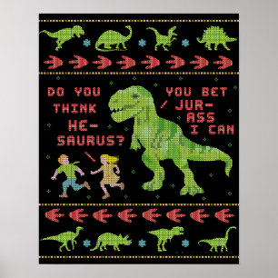 Funny Christmas T Rex Dinosaur Pun Humour Faux Poster