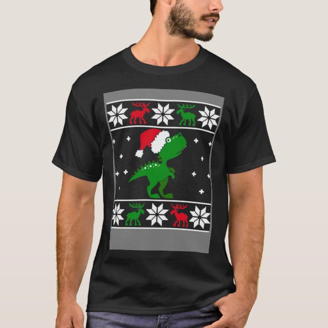 Funny Christmas T-Rex Dinosaur Ugly Sweater Style  (Front)