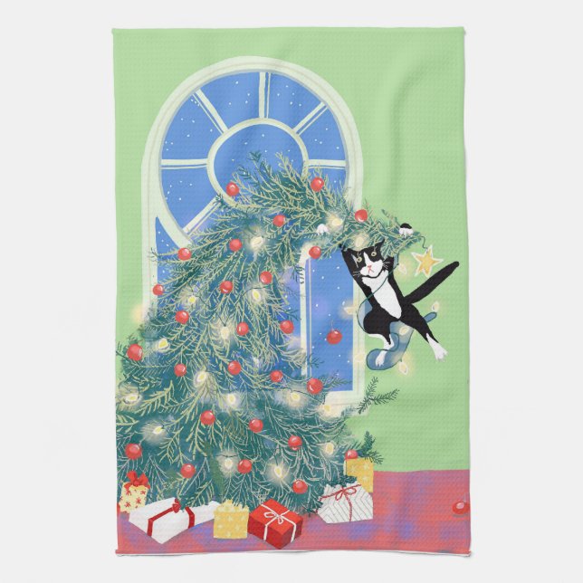 Funny Christmas tree cat Kitchen Towel (Vertical)