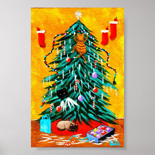 Funny Christmas Tree Cats Creationarts Poster (Front)
