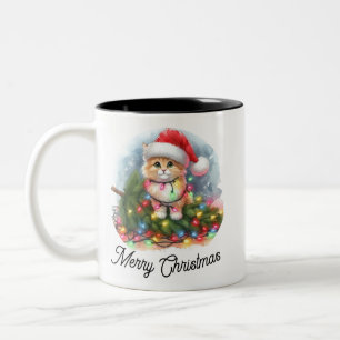 Funny Christmas Tree Conqueror Santa Cat Two-Tone Coffee Mug