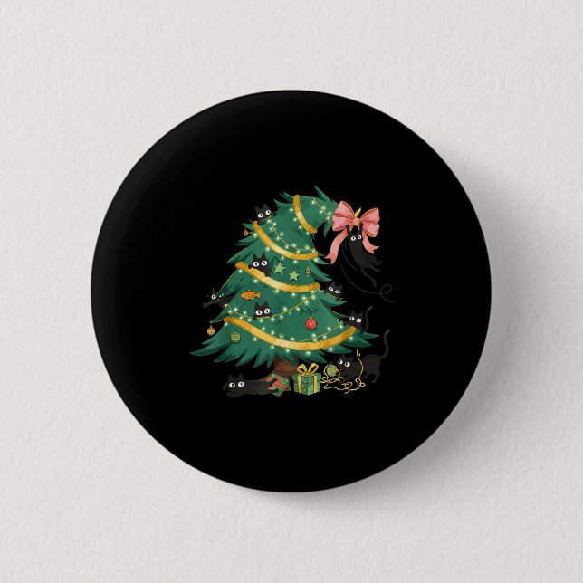 Funny Christmas Tree Cute Black Cat Matching Famil 2 Inch Round Button (Front)