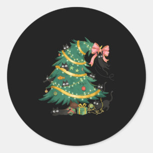 Funny Christmas Tree Cute Black Cat Matching Famil Classic Round Sticker