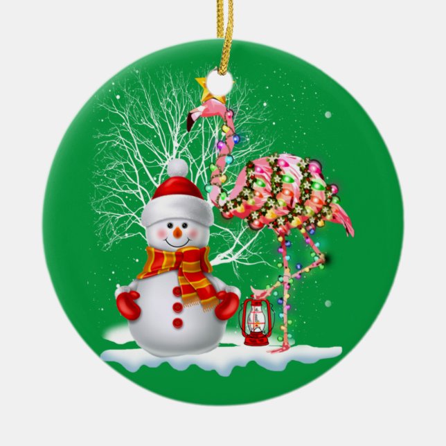 Funny Christmas Tree Flamingo Hat Santa Best Xmas Ceramic Ornament (Front)