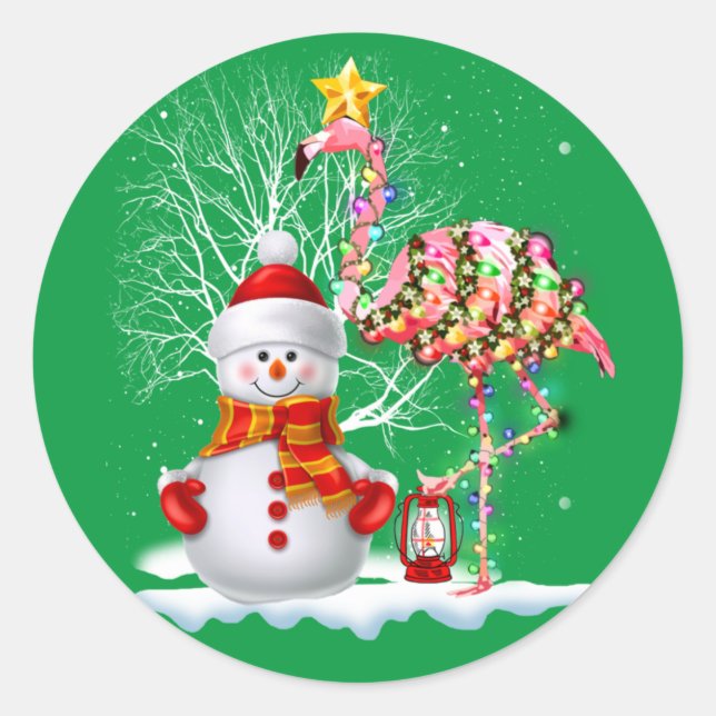 Funny Christmas Tree Flamingo Hat Santa Best Xmas Classic Round Sticker (Front)