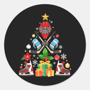 Funny Christmas Tree Ice Hockey Players Xmas Classic Round Sticker