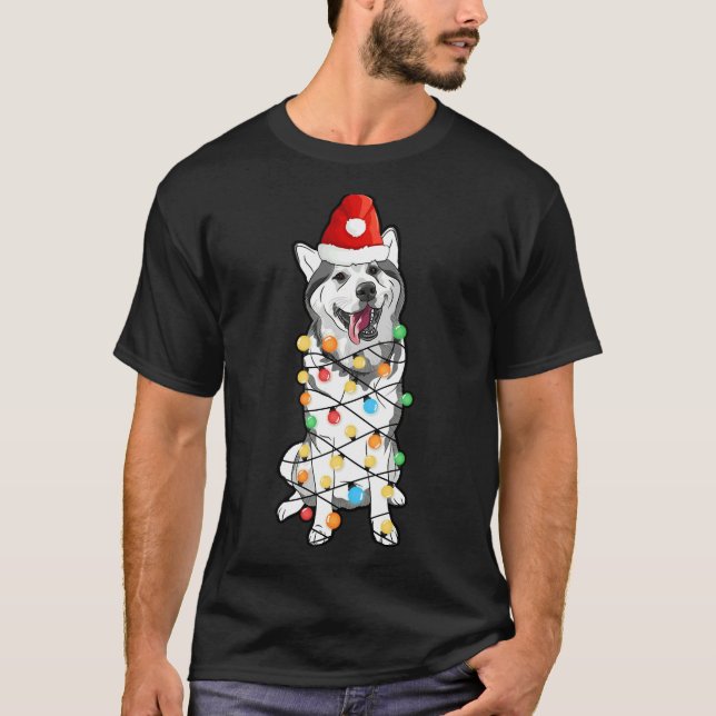 Funny Christmas Tree Light Bulb Alaskan Husky T-Shirt (Front)