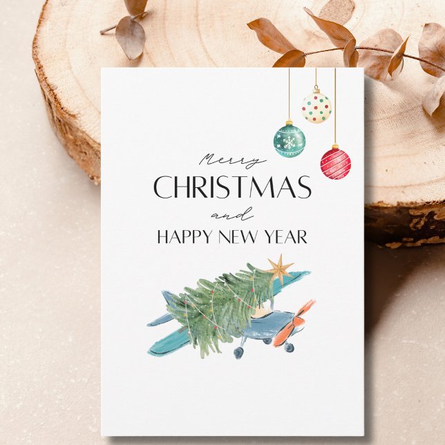 Funny Christmas Tree on Airplane & Family Photo Card (Creator Uploaded)