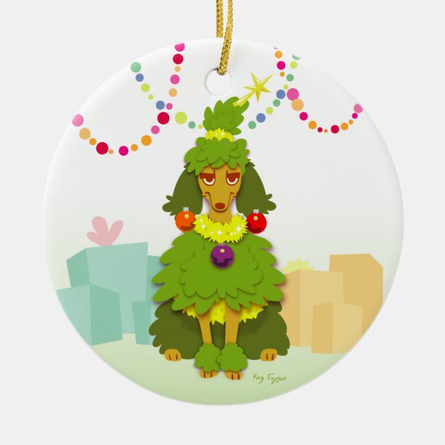 Funny Christmas Tree Poodle Ceramic Ornament (Front)