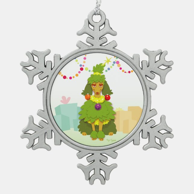 Funny Christmas Tree Poodle Snowflake Pewter Christmas Ornament (Front)