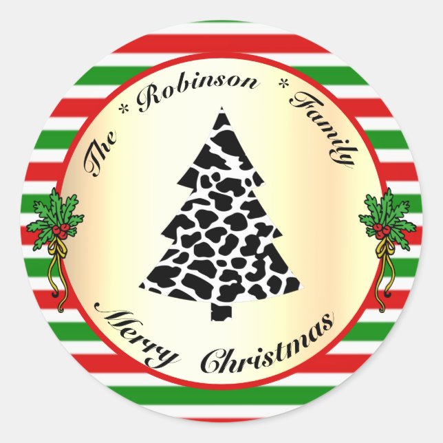 Funny Christmas Tree with Cow Stains Red and Green Classic Round Sticker (Front)