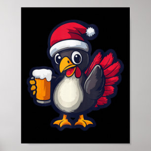 Funny Christmas Turkey Animal With Beer Comic  Poster