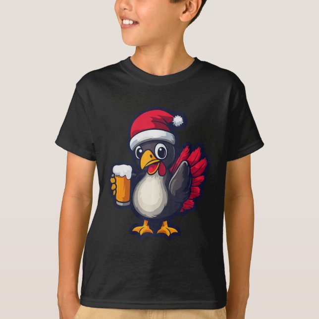 Funny Christmas Turkey Animal With Beer Comic  T-Shirt (Front)