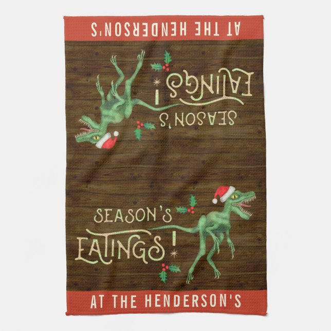 Funny Christmas Velociraptor Dinosaur Custom Name Kitchen Towel (Vertical)