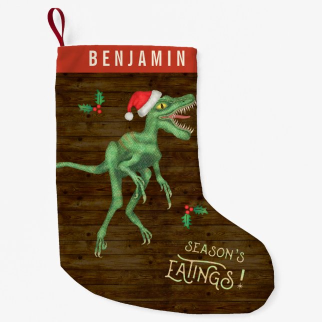 Funny Christmas Velociraptor Dinosaur Custom Name Small Christmas Stocking (Front)