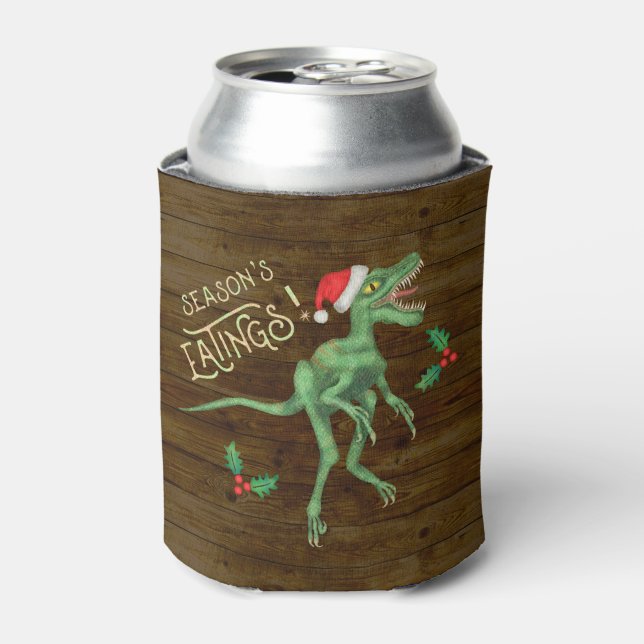 Funny Christmas Velociraptor Dinosaur Monogrammed Can Cooler (Can Front)
