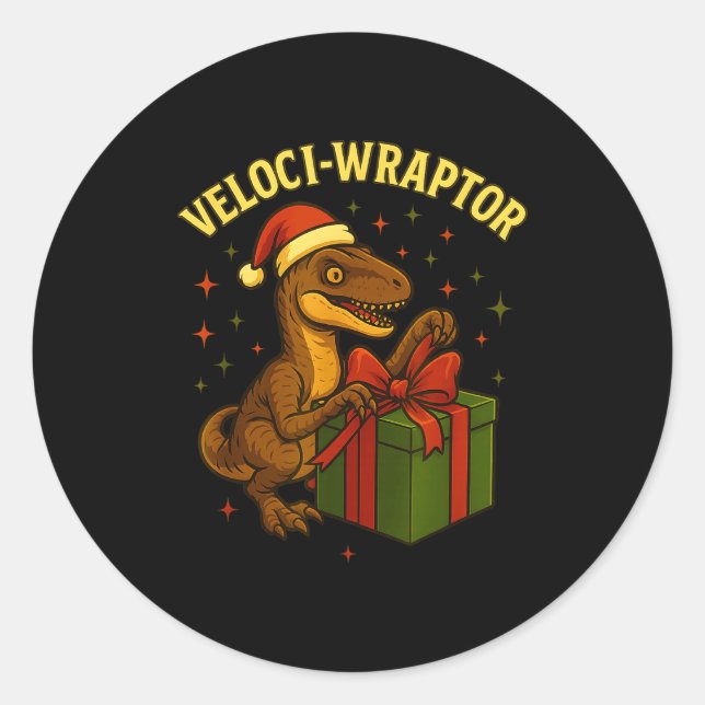 Funny Christmas Velociraptor Pun Veloci-wraptor  Classic Round Sticker (Front)
