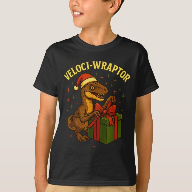 Funny Christmas Velociraptor Pun Veloci-wraptor  T-Shirt (Front)