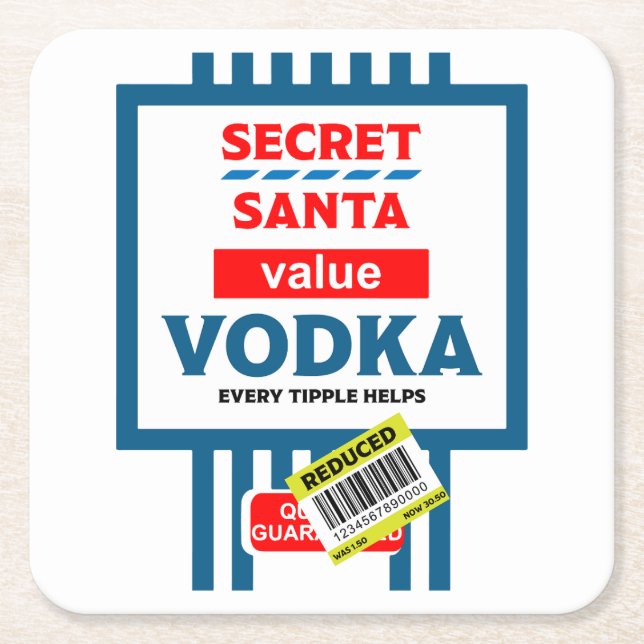 Funny Christmas Vodka Label Square Paper Coaster (Front)