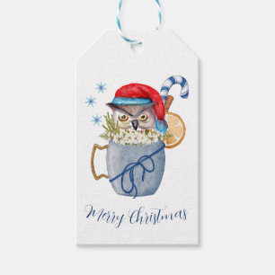 Funny Christmas Watercolor Owl Red Santa Hat   Gift Tags