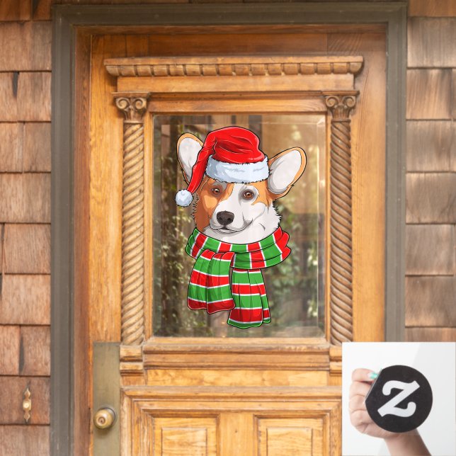 Funny Christmas Welsh Corgi Pembroke Santa Claus Window Cling (Home Door)