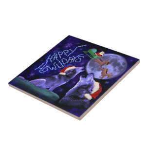 Funny Christmas Wolf Howlidays Pun Humourous Tile