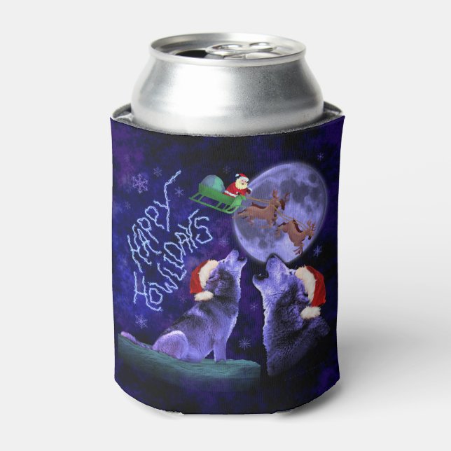 Funny Christmas Wolf Pun Happy Howlidays Can Cooler (Can Front)