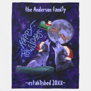 Funny Christmas Wolf Pun Happy Howlidays   Custom Fleece Blanket