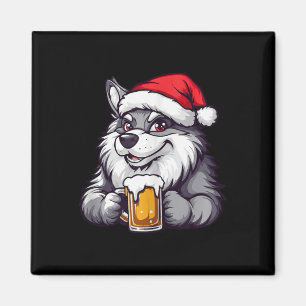 Funny Christmas Wolf With Beer Comic Magnet