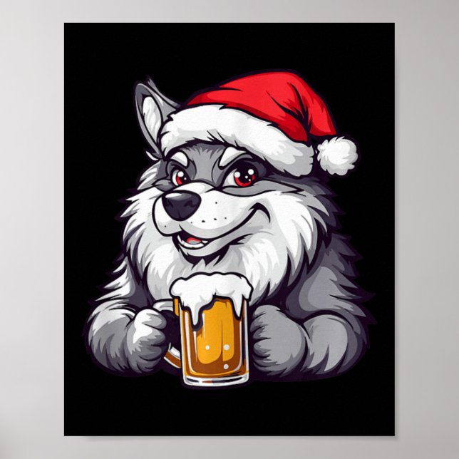 Funny Christmas Wolf With Beer Comic  Poster (Front)