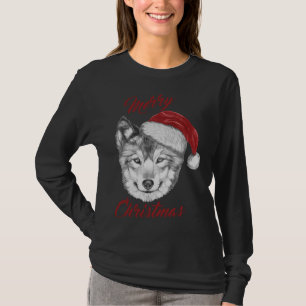 Funny Christmas Wolf With Santa Hat T-Shirt