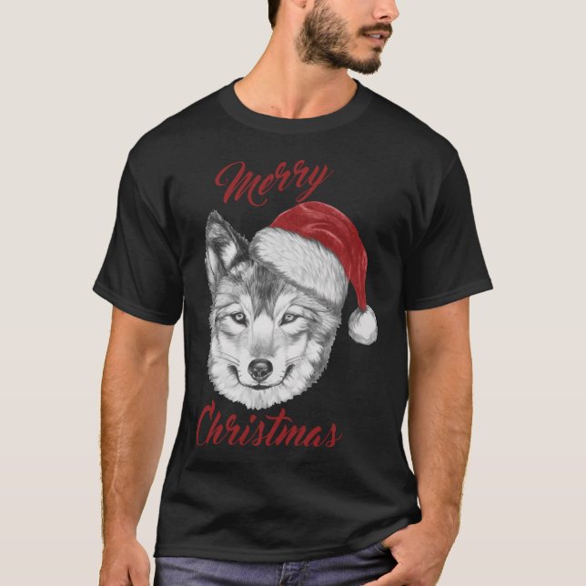 Funny Christmas Wolf With Santa Hat T-Shirt (Front)